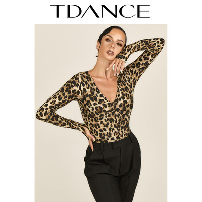 TDANCE拉丁摩登练习【豹纹V领长袖连体上衣】百搭秋冬日常GL-212