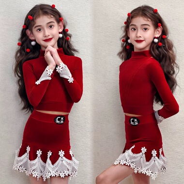 CD卡门舞服少儿拉丁舞圣诞新年丝绒女童练功练习服舞蹈秋冬保暖