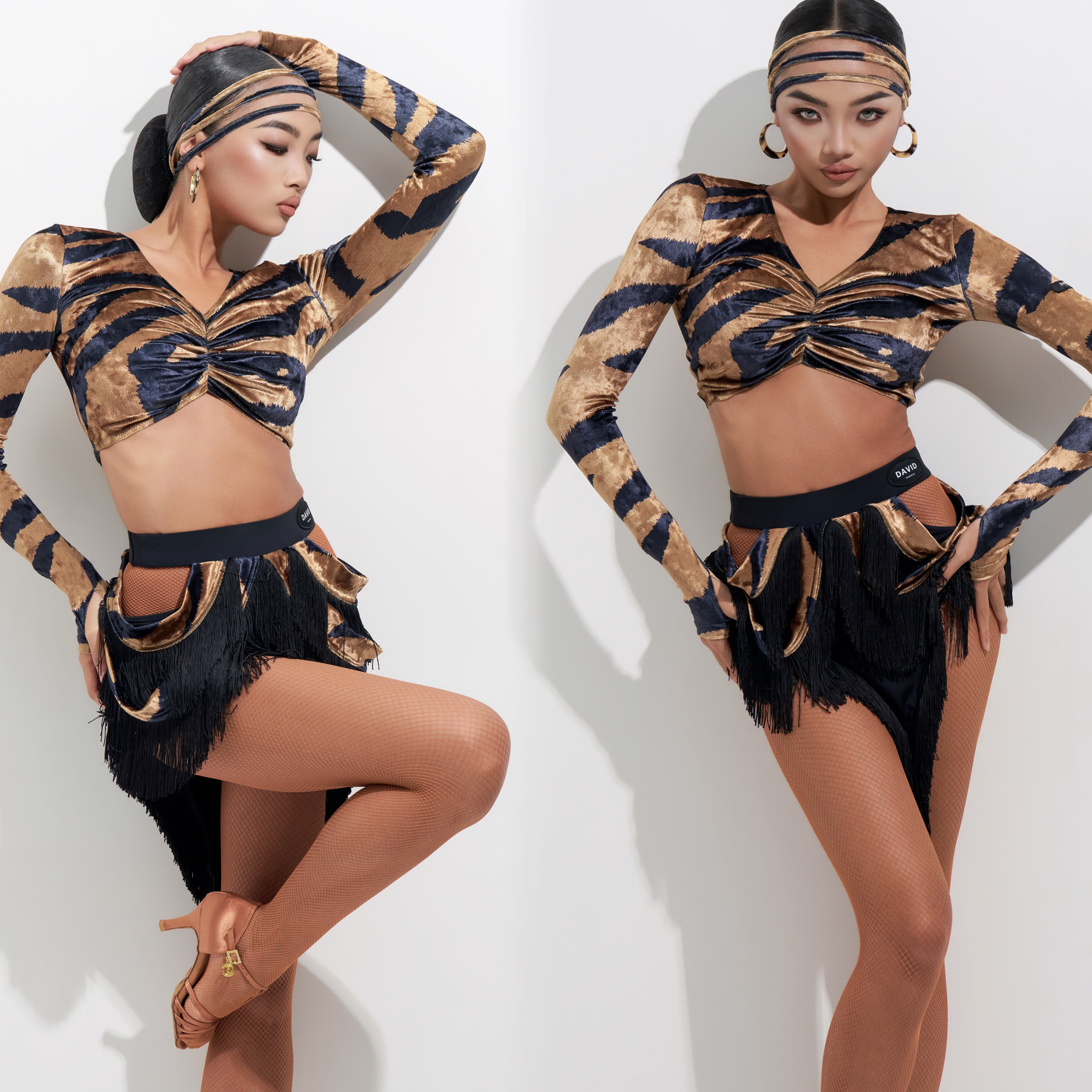 DAVID女士拉丁舞虎纹流苏不规则露胯半身裙豹纹长袖勾手指练习服