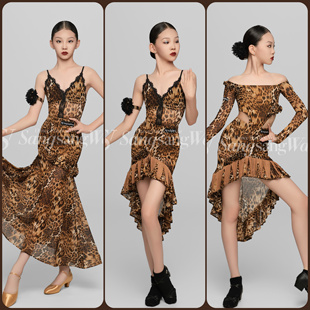 sswang舞服少儿拉丁舞春夏豹纹花朵吊带蕾丝摩登流苏吊带女童跳舞