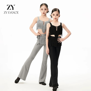 ZY舞服夏季少儿童拉丁舞服女童表演练功服专业喇叭裤子套装