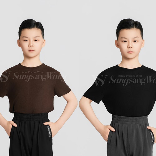 sswang舞服春夏少儿男生男童拉丁舞毛边V领圆领短袖上衣练习服