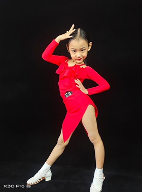 Jacks国标少儿拉丁舞红色练习服长袖演出服练功服可爱网红女童