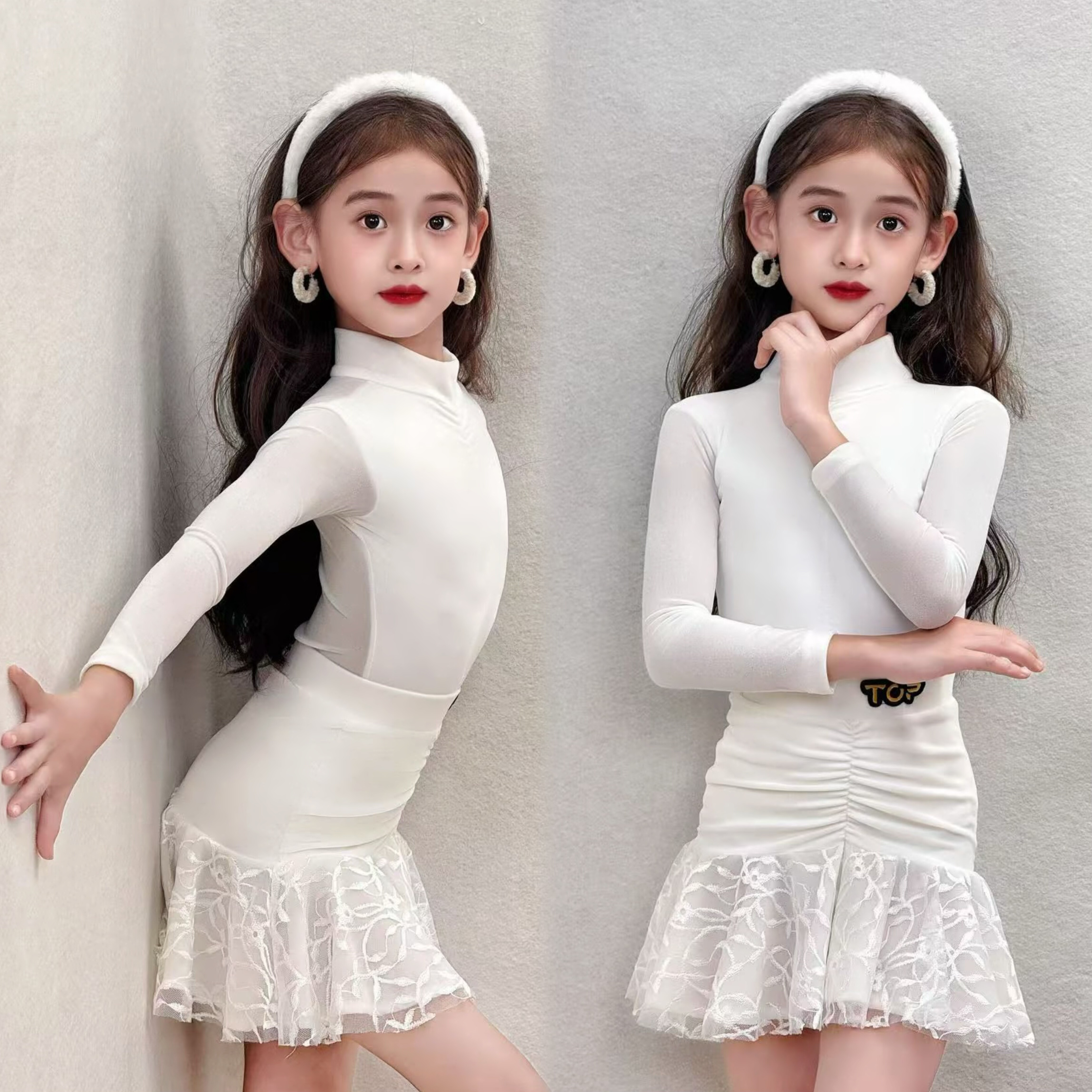 Top舞服少儿拉丁舞秋冬网纱长袖白色蕾丝边包臀练习服跳舞洁白