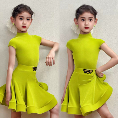 Top舞服少儿拉丁舞云感丝绒柠檬绿比赛服规定服精英赛事演出鱼骨