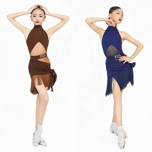 FZS舞服少儿拉丁舞2026新品夏季女水晶棉麻拼接网纱流苏套装