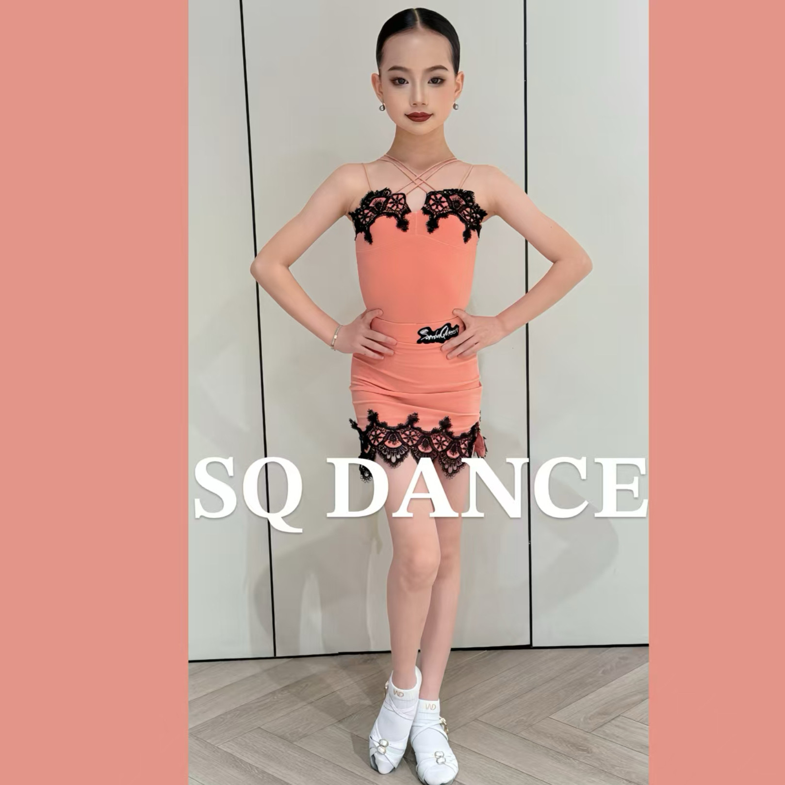 SQ舞服少儿拉丁舞蕾丝吊带橘色春夏女童跳舞练习服表演服色彩可爱