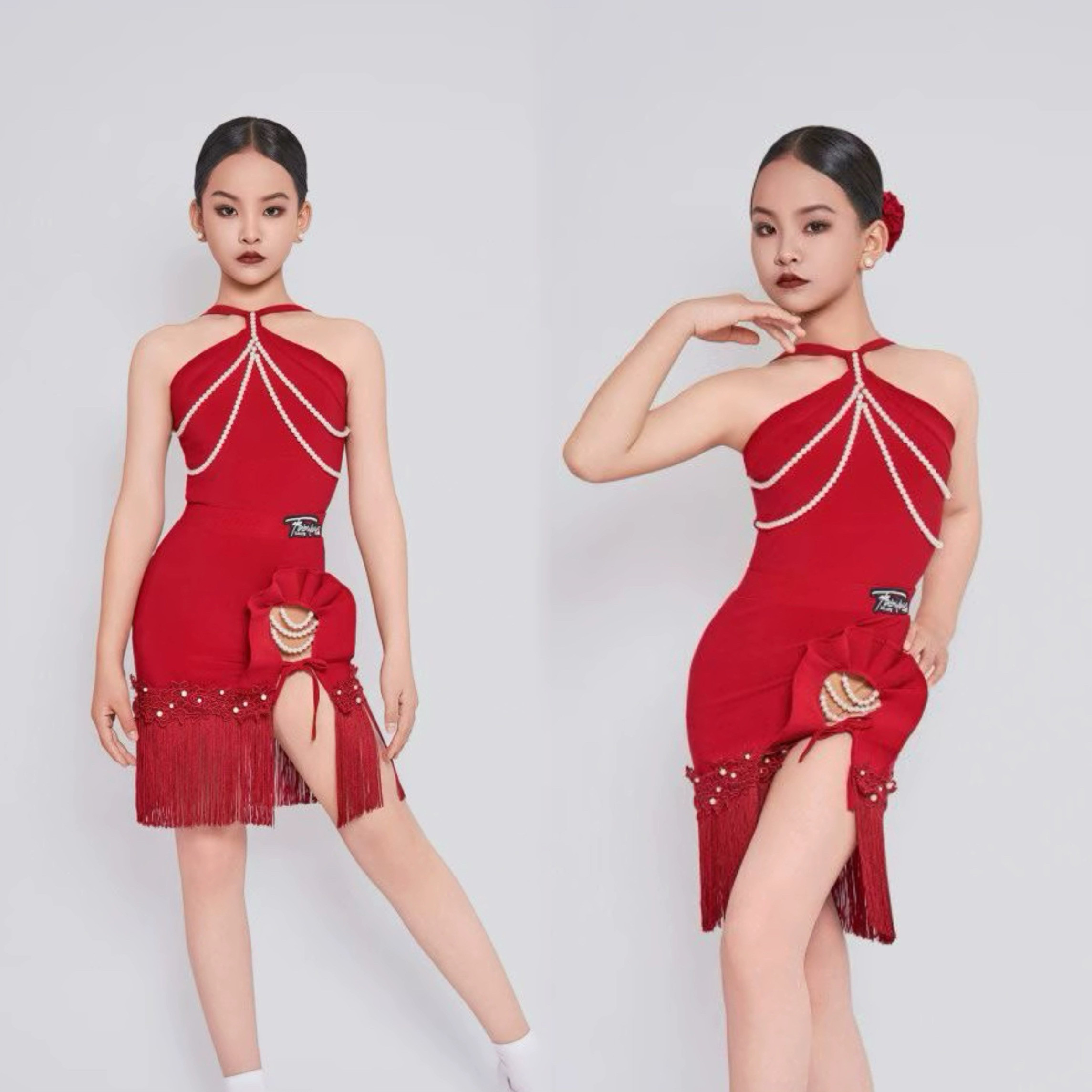 F dance舞服少儿拉丁舞春夏红色挂脖珍珠套装女童跳舞练习服表演