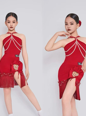 F dance舞服少儿拉丁舞春夏红色挂脖珍珠套装女童跳舞练习服表演
