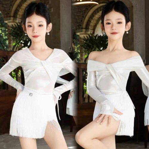 美辰舞服少儿拉丁舞黄咏茵秋冬长袖白色蕾丝烫银流苏套装练习服