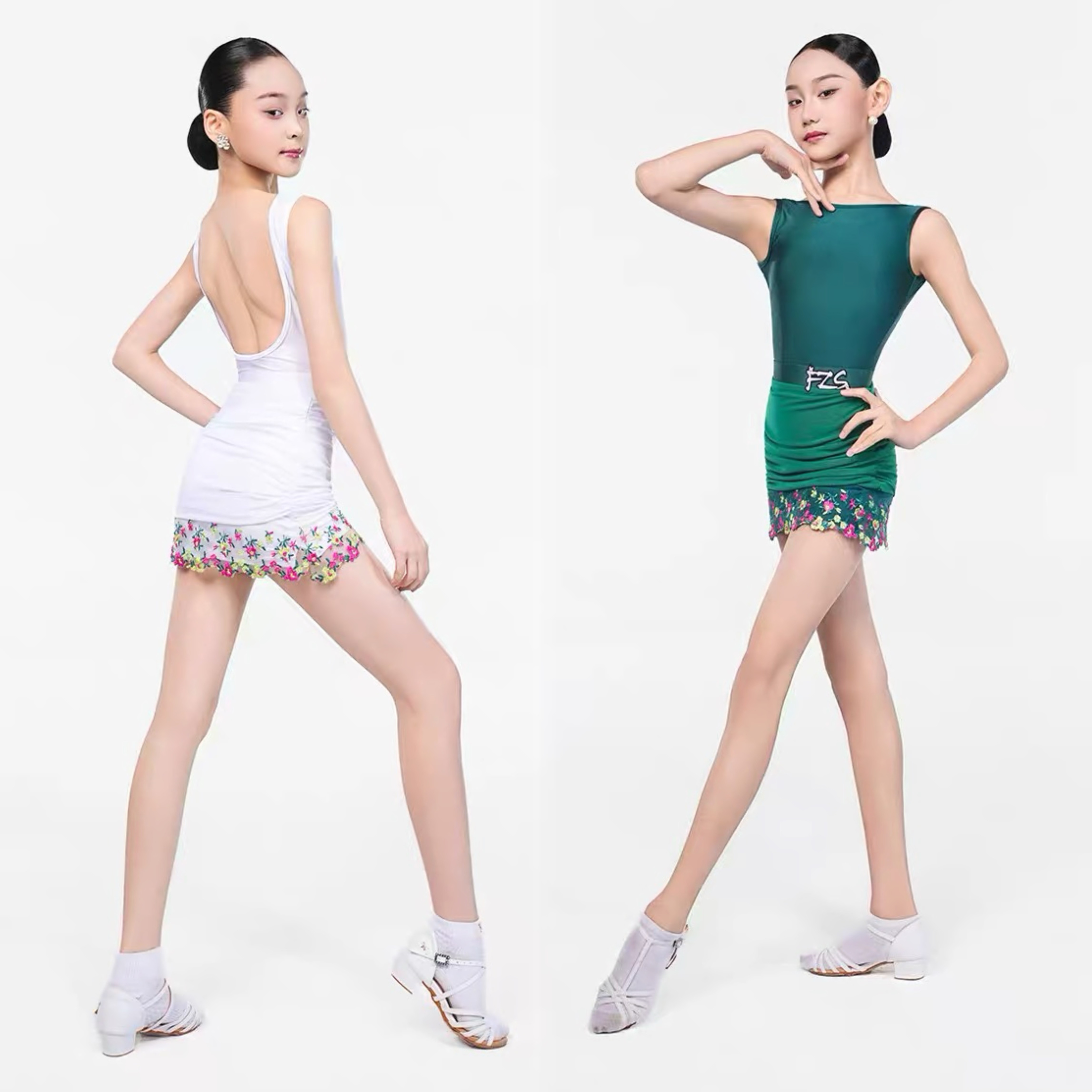 FZS舞服少儿拉丁舞2026夏季新款女一字肩露背搭配网纱花边裙