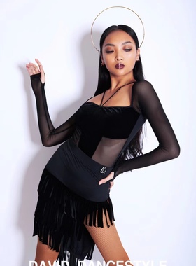 Jacks国标拉丁舞女士网纱流苏分体方领练习服套装黑色艺考服