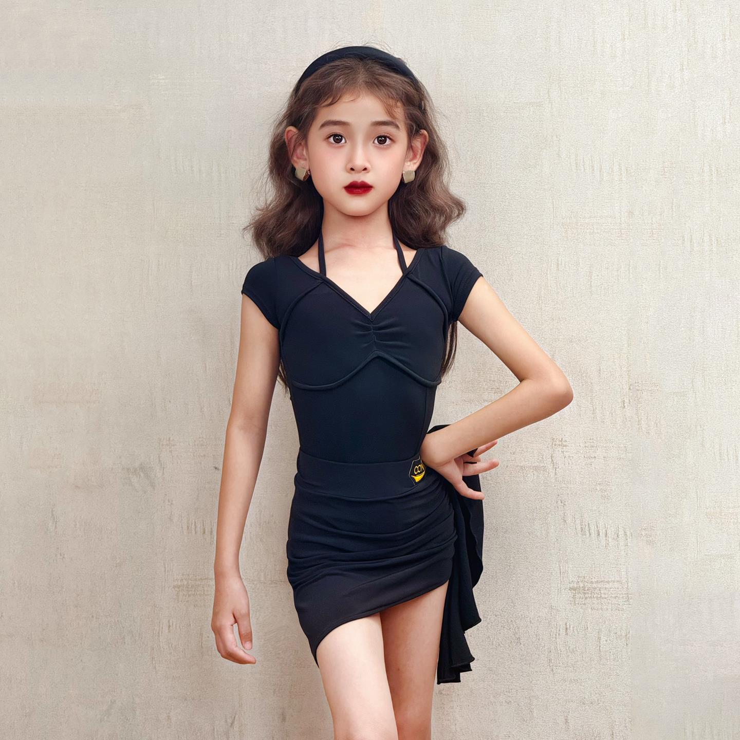 康尼拉丁舞服女童夏新款连体上衣跳舞裙子套装少儿舞蹈训练习功