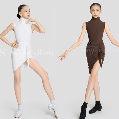 sswang舞服少儿拉丁舞裸感超轻薄高领褶皱无袖流苏斜裙练习服女童