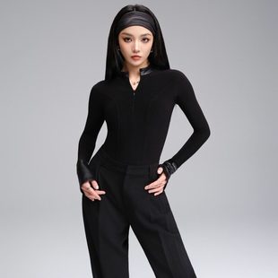 WAVE未午成人女拉丁舞服2025新秋冬成人极简黑漆上衣2055
