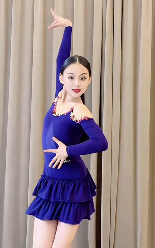SQ舞服少儿拉丁舞长袖花朵点缀边秋冬紫色吊带练习服表演服女童