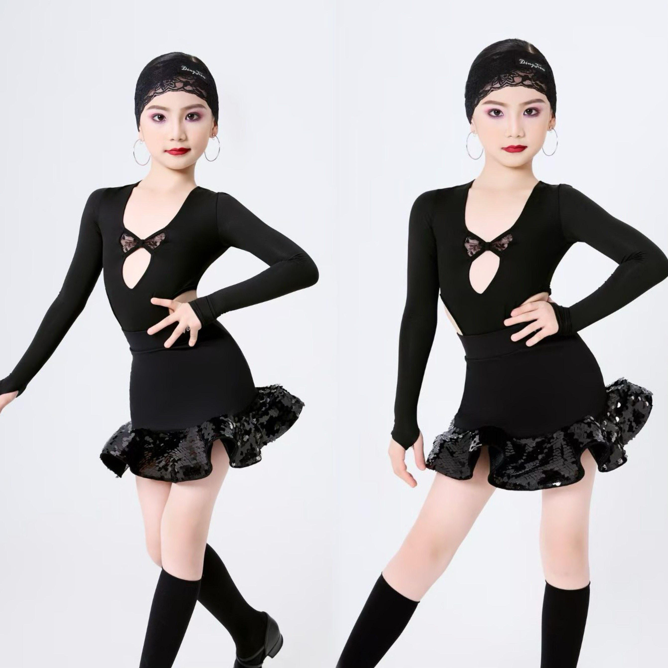 top舞服少儿拉丁舞蕾丝亮片长袖秋冬深V领黑色练习服女童跳舞