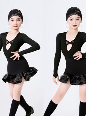 top舞服少儿拉丁舞蕾丝亮片长袖秋冬深V领黑色练习服女童跳舞