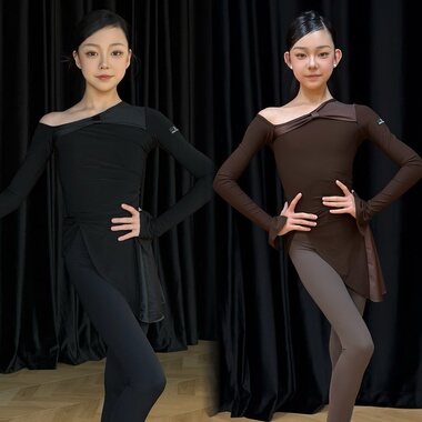 Level舞服少儿拉丁舞优雅蝶领不规则下摆上衣长袖练习服女童跳舞