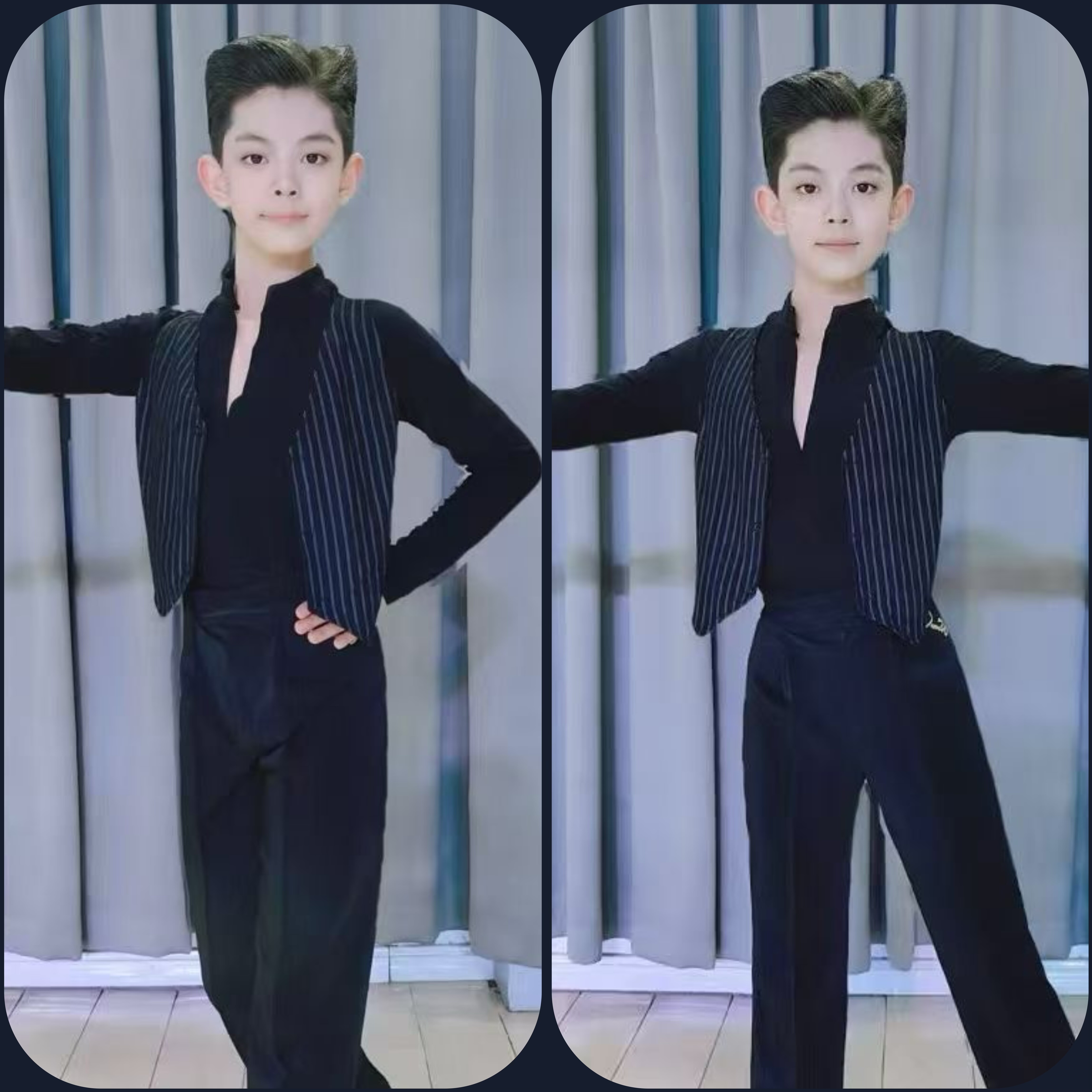 丹斯舞之美少儿拉丁舞男帅气马甲长袖练习服高定花服表演服跳舞