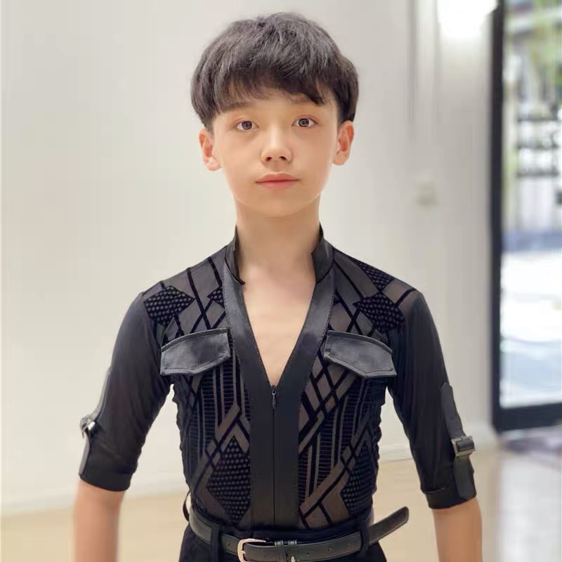 丹斯舞之美拉丁舞夏短袖上衣定制男生比赛服跳舞训练服练功服男童
