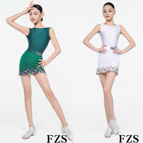 FZS舞服少儿拉丁舞2026夏季新款女一字肩露背搭配网纱花边裙