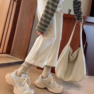 宽松高品质挽脚 女小个子九分直筒法棍裤 2026早春新品 米白色牛仔裤