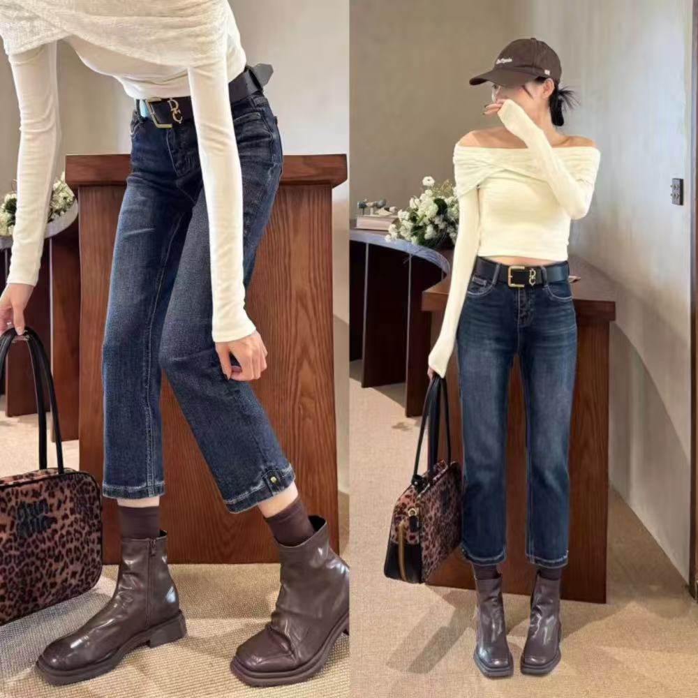 深蓝色小直筒牛仔裤女加绒加厚九分修身烟管裤新款秋冬高腰烟管裤