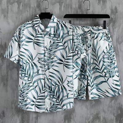 沙滩套装男士夏季薄款短袖衬衣宽松海南岛服夏威夷三亚旅游花衬衫