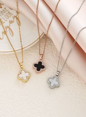 抖音爆款豪华满钻四叶草项链女 黑白双面设计感网红锁骨链18k镀金