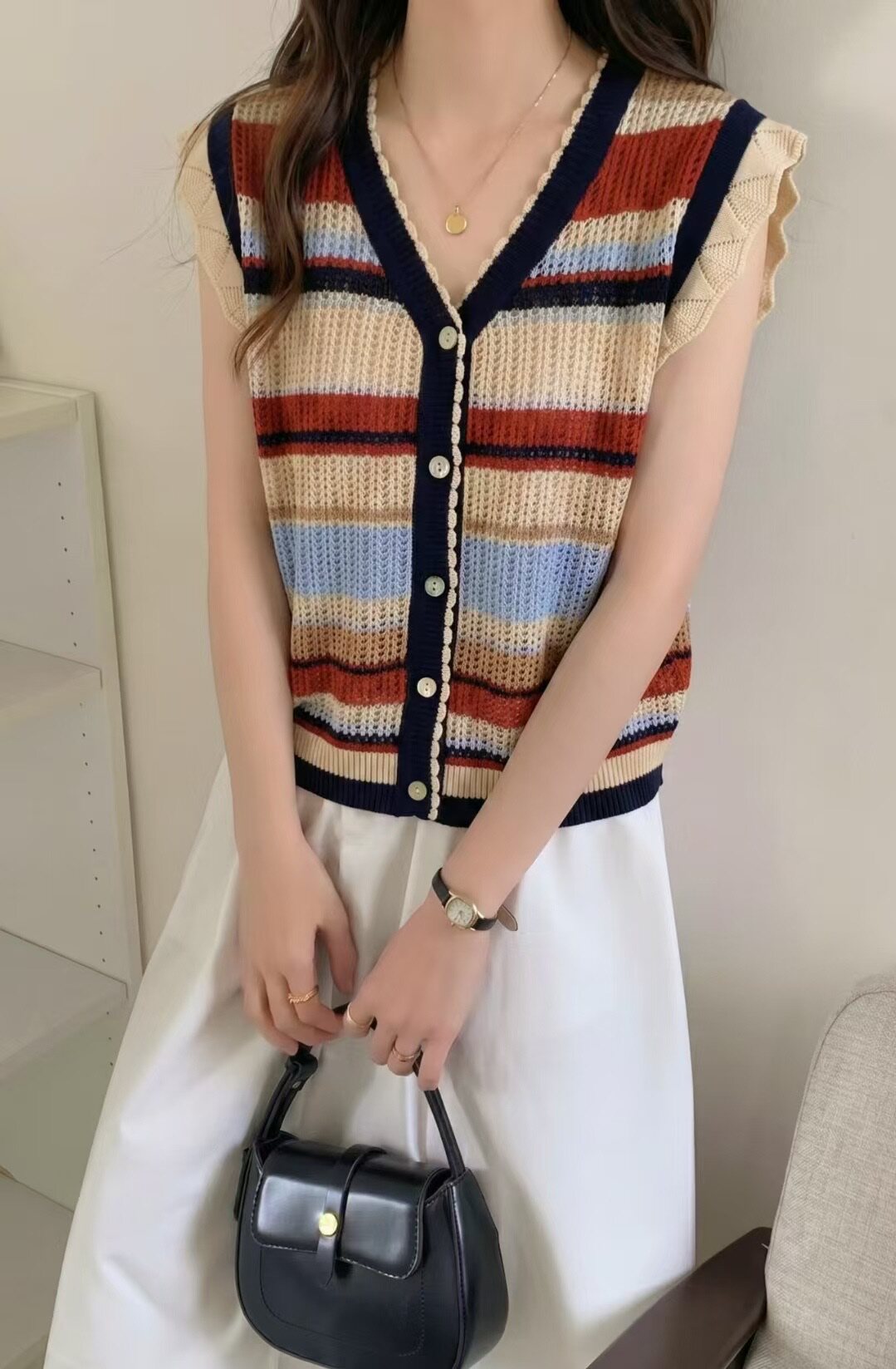 显瘦条镂空亚麻针织开衫无袖薄款