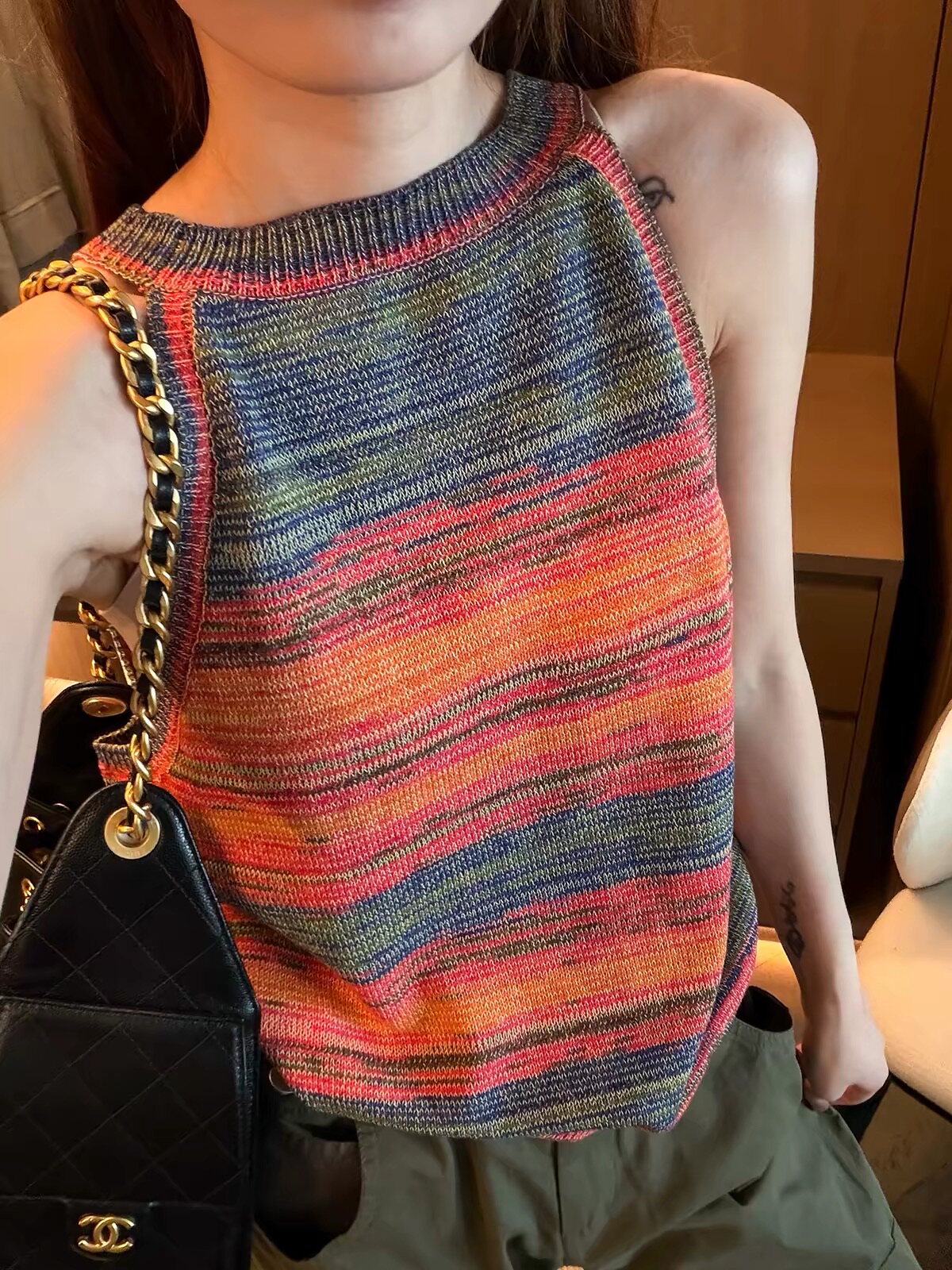 显瘦彩色条纹天丝麻针织无袖背心