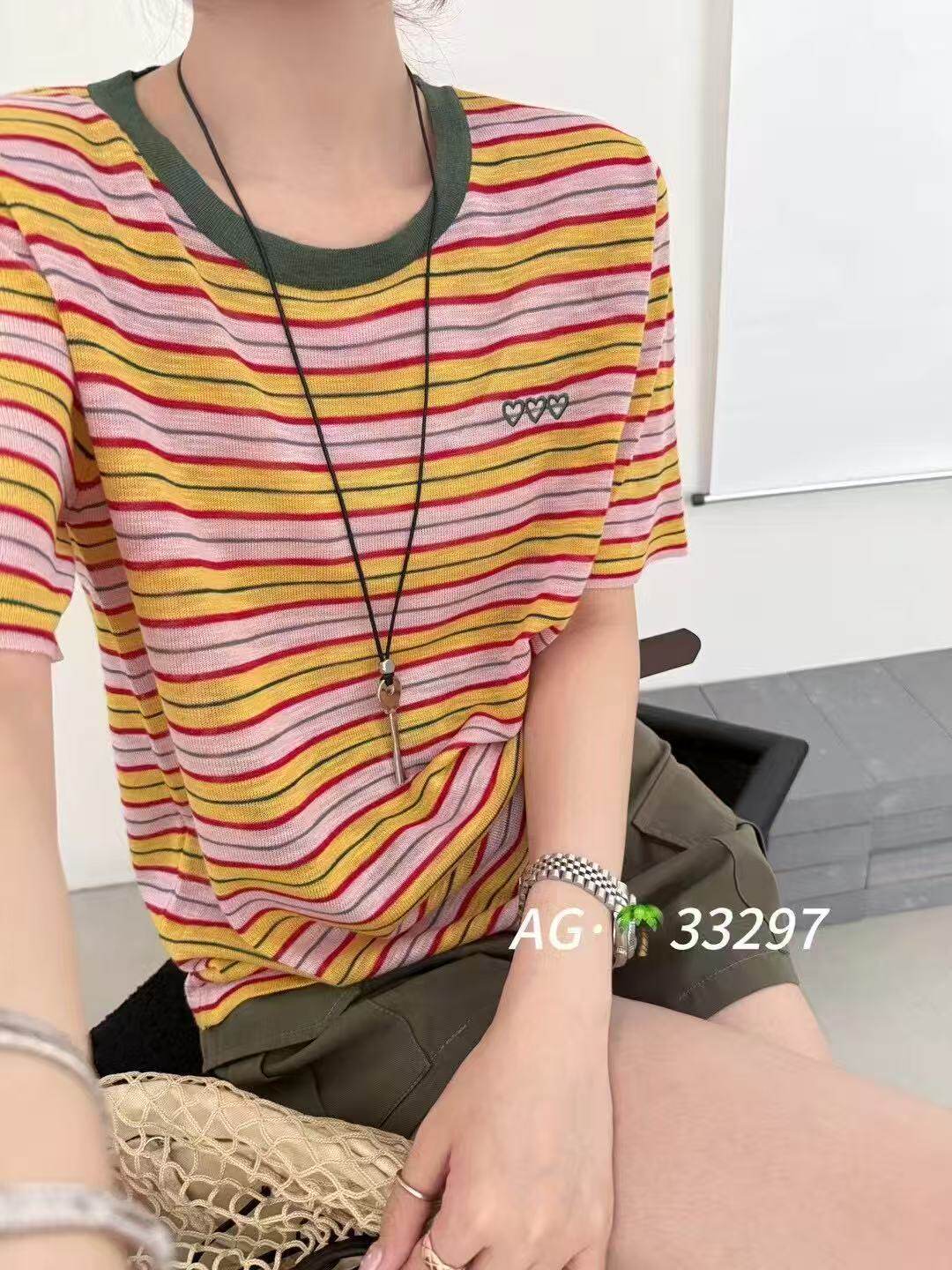 显瘦条纹刺绣天丝麻针织短袖薄款