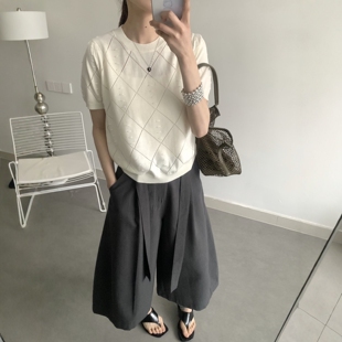T恤衫 韩系宽松显瘦圆领菱格纹细羊毛针织短袖 女上衣 新款 2026春季