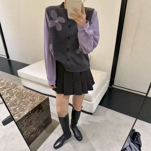 灯芯绒拼袖 2025秋冬新款 女款 提花针织马甲羊毛开衫 假两件毛衣 韩版