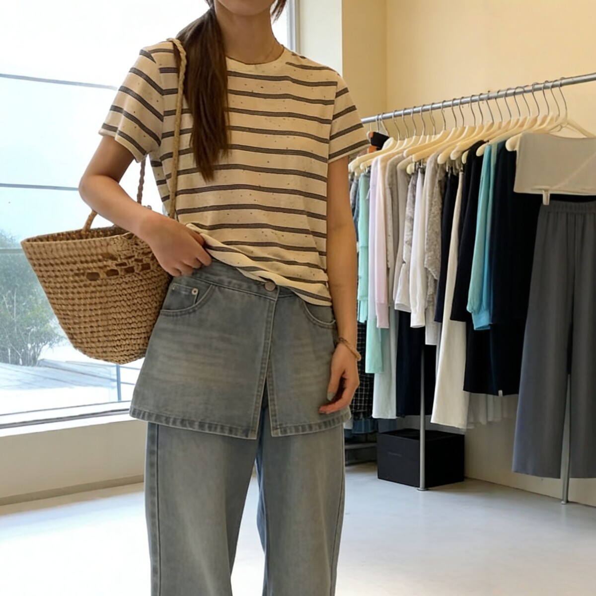 2026春季新款韩系宽松显瘦圆领彩点条纹针织短袖T恤衫女百搭上衣