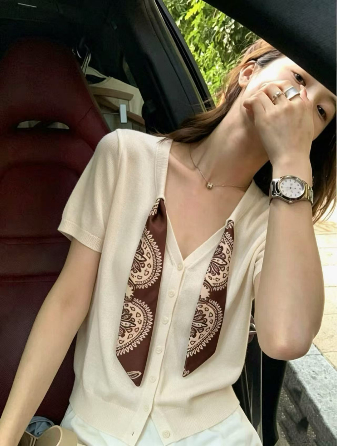 显瘦V领丝巾亚麻针织短袖女百搭