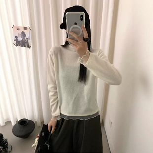2025秋冬新款韩版宽松高领拼接蕾丝花边全羊毛针织衫女毛衣打底衫