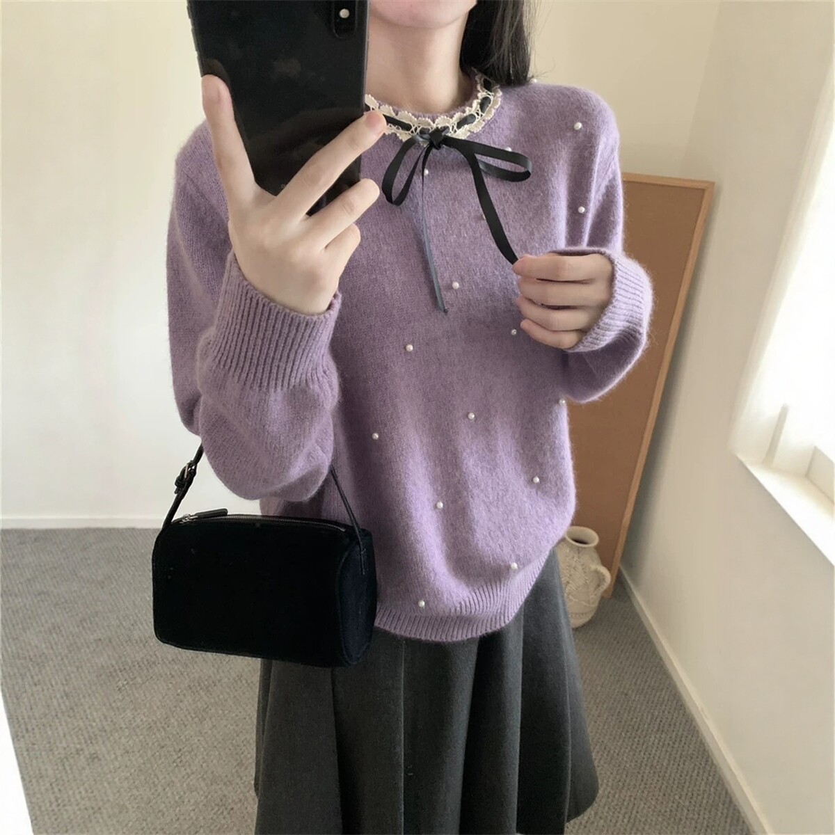 蝴蝶结系带蜜熊羊毛针织开衫女毛