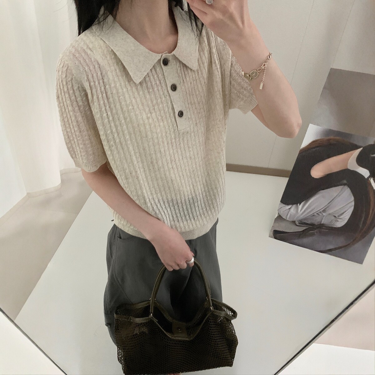2026夏季新款韩系宽松显瘦翻领天丝亚麻针织短袖女百搭薄款上衣潮