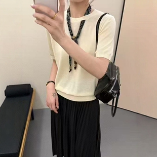 2026春季新款韩系设计感丝带天丝细羊毛针织短袖T恤女百搭上衣潮