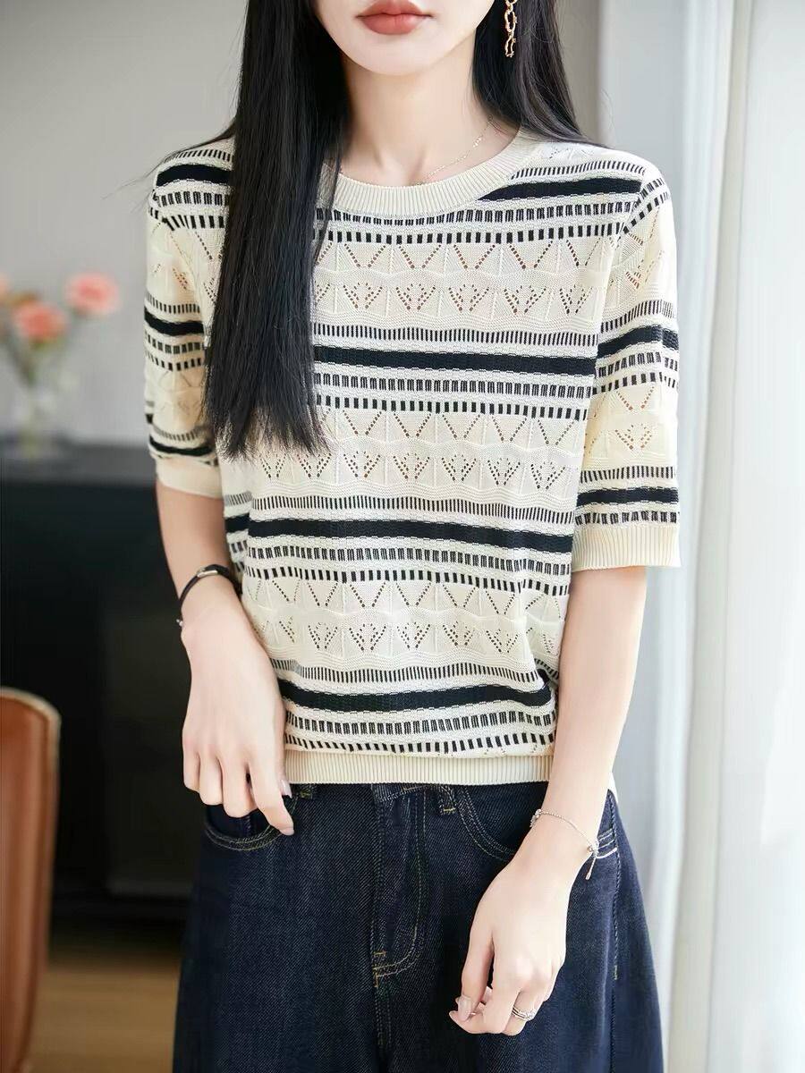 显瘦圆领条纹镂空天丝针织中袖女