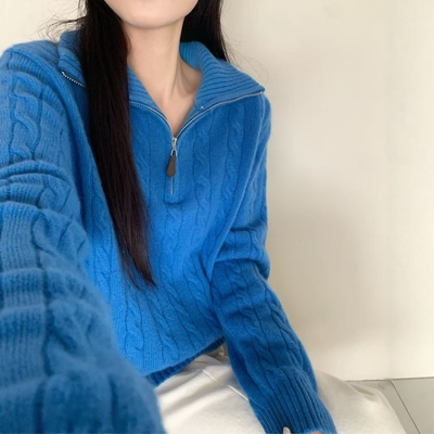 麻花毛衣女软糯半拉链翻领全羊毛