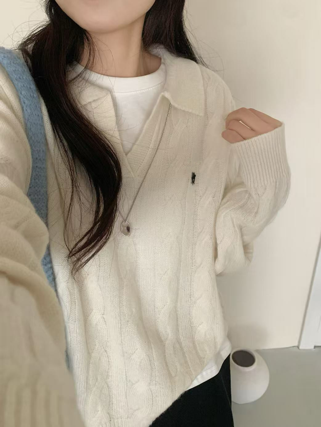 显瘦翻领麻花全羊毛针织毛衣百搭