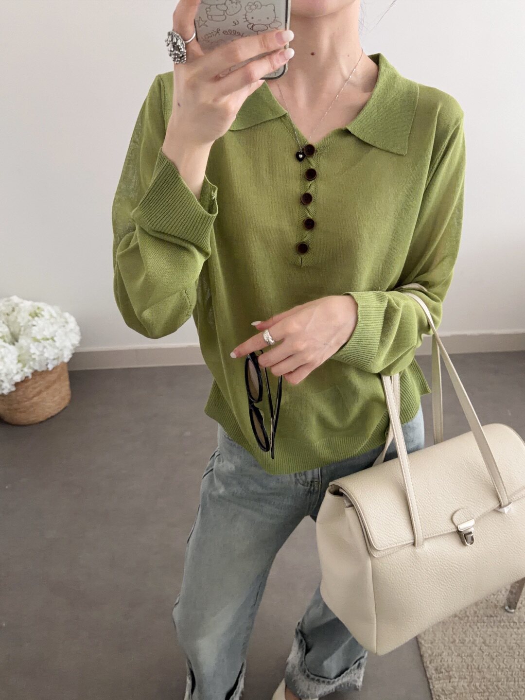 显瘦翻领珍珠麻针织长袖防晒罩衣
