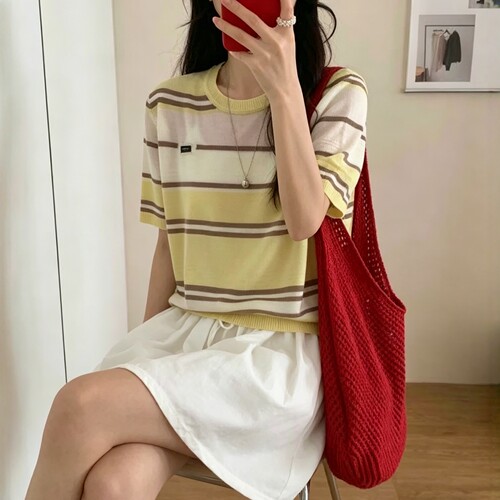 显瘦条纹天丝亚麻针织短袖T恤衫