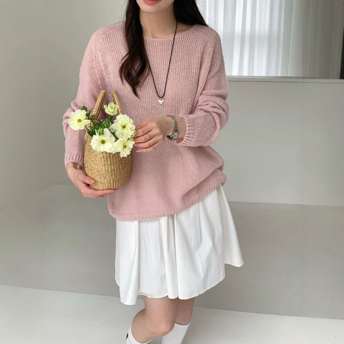 2026春季新款韩系宽松慵懒薄款纯色马海毛针织衫女百搭毛衣打底衫