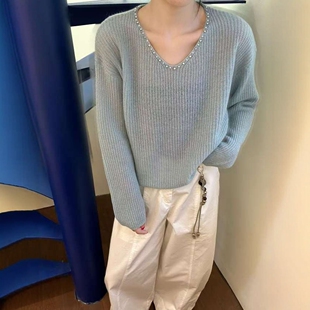 女百搭上衣打底毛衣潮 韩系宽松V领钉珠丝羊绒针织衫 2026春季 新款