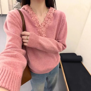 2025秋冬新款韩版宽松V领花边高品浣熊绒针织连帽羊毛衫女款毛衣