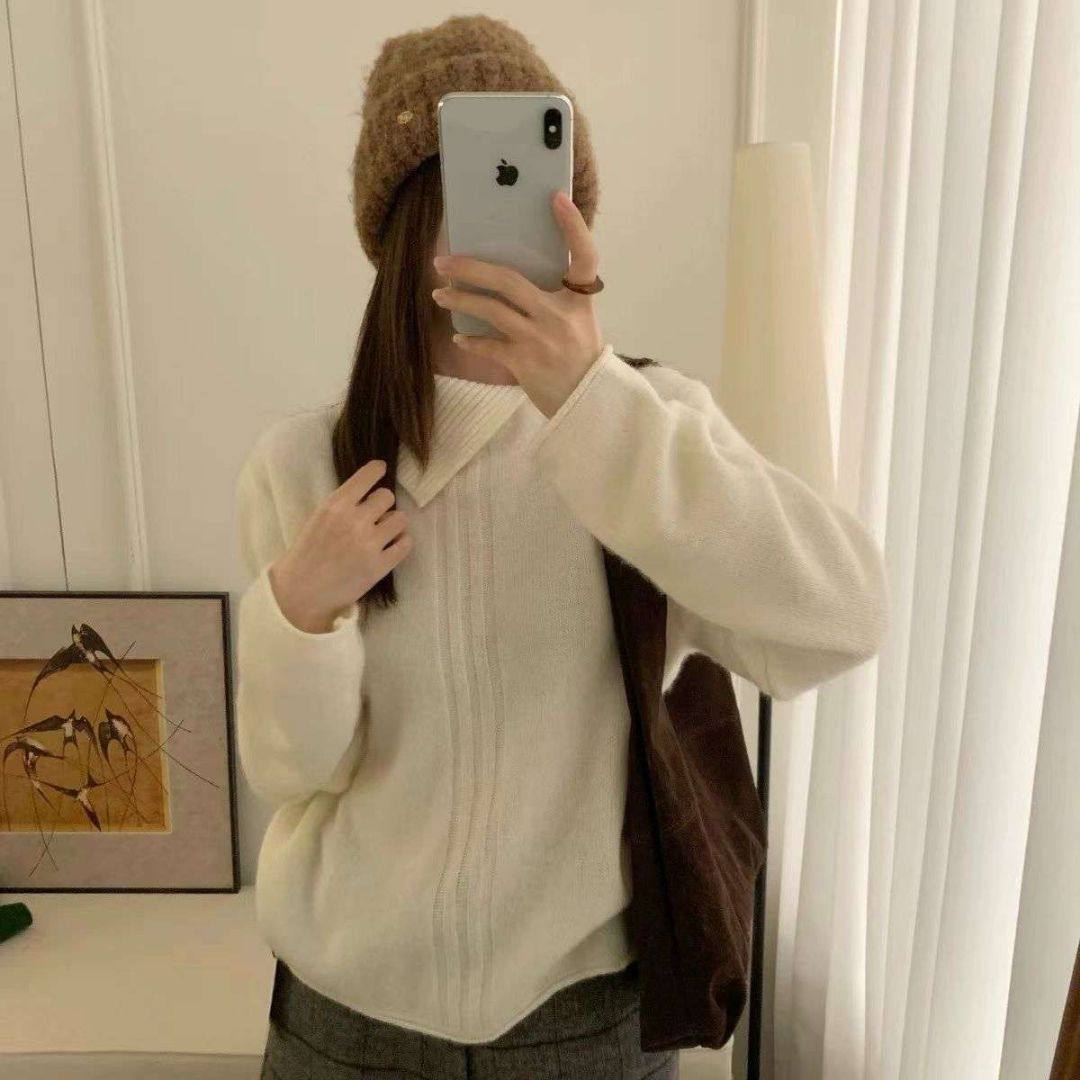 翻领全羊毛拉毛针织衫女百搭毛衣